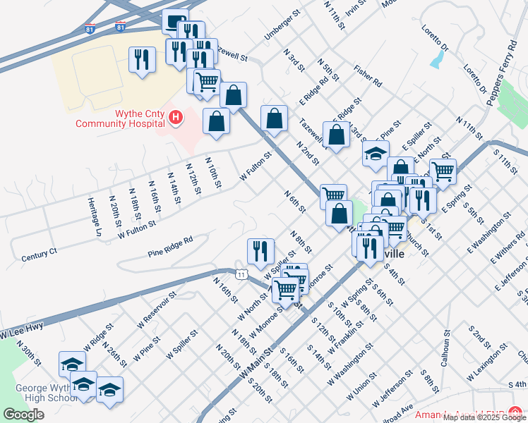 map of restaurants, bars, coffee shops, grocery stores, and more near 490 West Reservoir Street in Wytheville