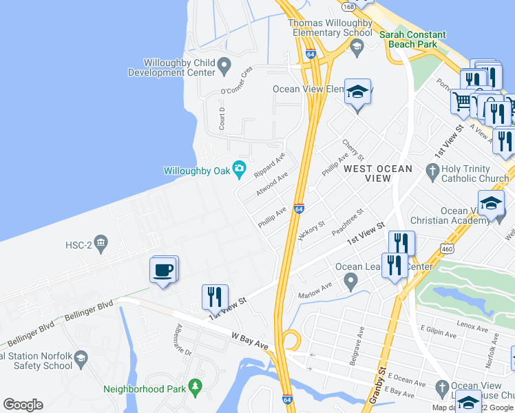 map of restaurants, bars, coffee shops, grocery stores, and more near 9215 Coleman Avenue in Norfolk