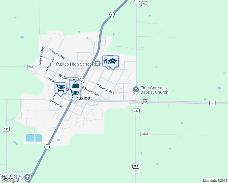 map of restaurants, bars, coffee shops, grocery stores, and more near 465 East Crumb Avenue in Puxico