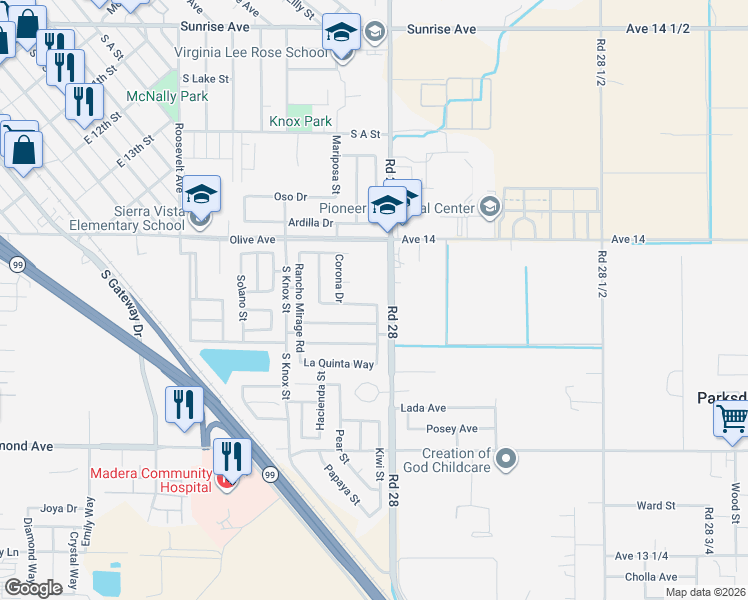 map of restaurants, bars, coffee shops, grocery stores, and more near 1444 La Costa Court in Madera