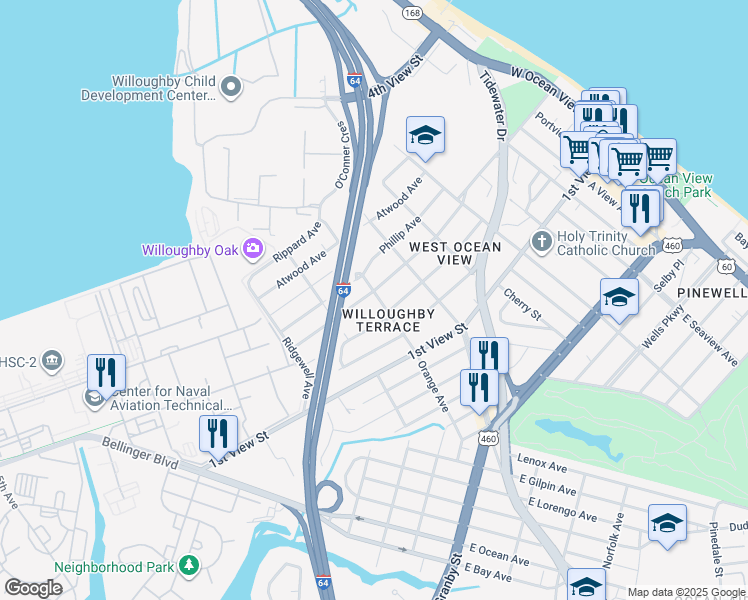 map of restaurants, bars, coffee shops, grocery stores, and more near 9286 Phillip Avenue in Norfolk