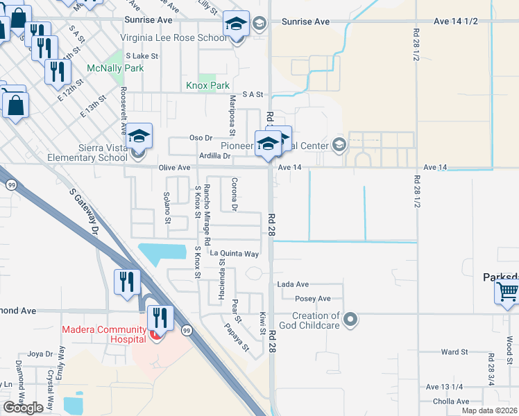 map of restaurants, bars, coffee shops, grocery stores, and more near 1444 La Costa Court in Madera