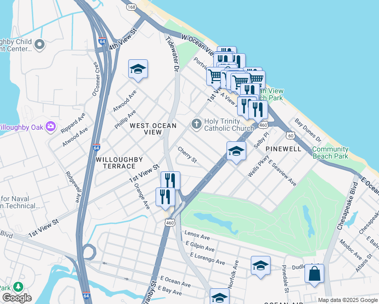 map of restaurants, bars, coffee shops, grocery stores, and more near 152 Dupre Avenue in Norfolk