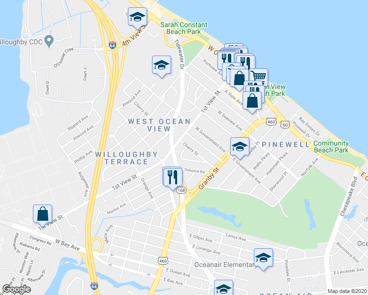 map of restaurants, bars, coffee shops, grocery stores, and more near 9442 1st View Street in Norfolk