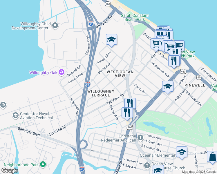 map of restaurants, bars, coffee shops, grocery stores, and more near 9400 Hickory Street in Norfolk