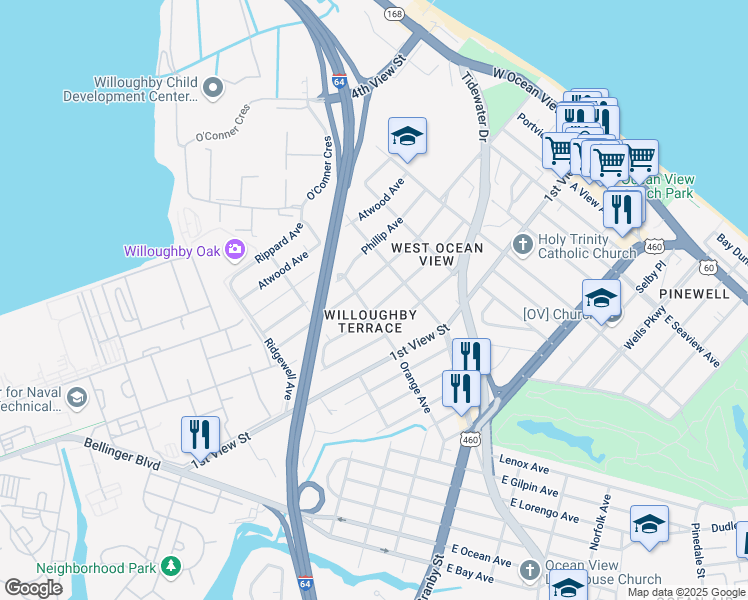 map of restaurants, bars, coffee shops, grocery stores, and more near 9314 Mason Creek Road in Norfolk