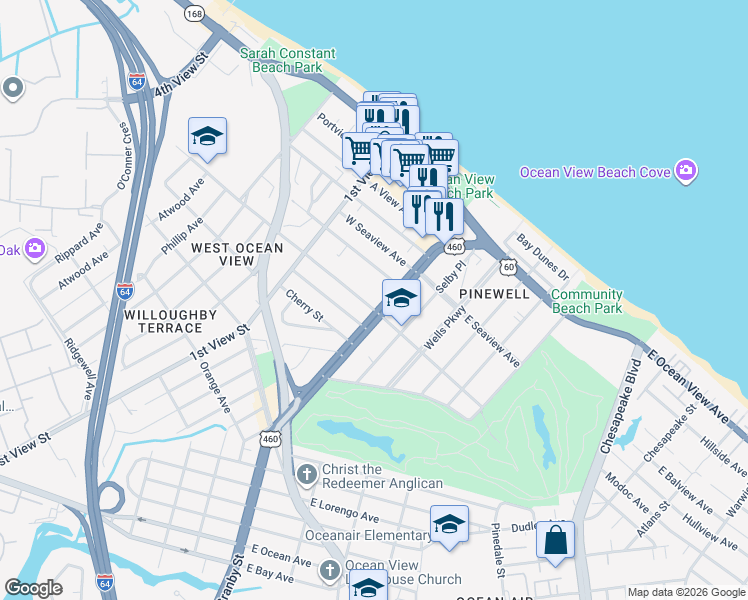 map of restaurants, bars, coffee shops, grocery stores, and more near 9501 Granby Street in Norfolk