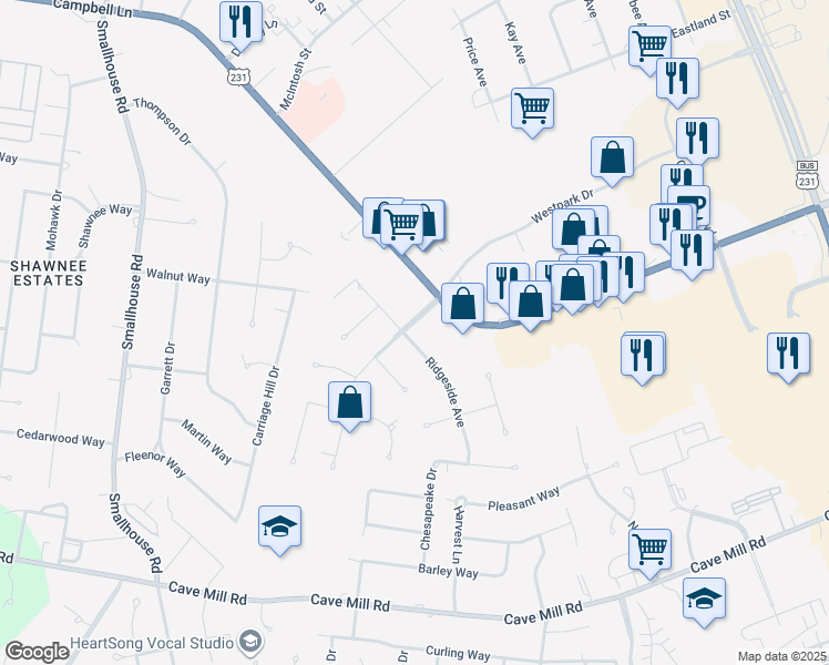 map of restaurants, bars, coffee shops, grocery stores, and more near 1500 Ridgeside Avenue in Bowling Green