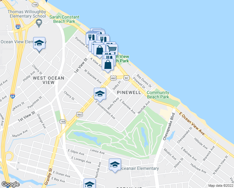 map of restaurants, bars, coffee shops, grocery stores, and more near 9601 Wells Parkway in Norfolk