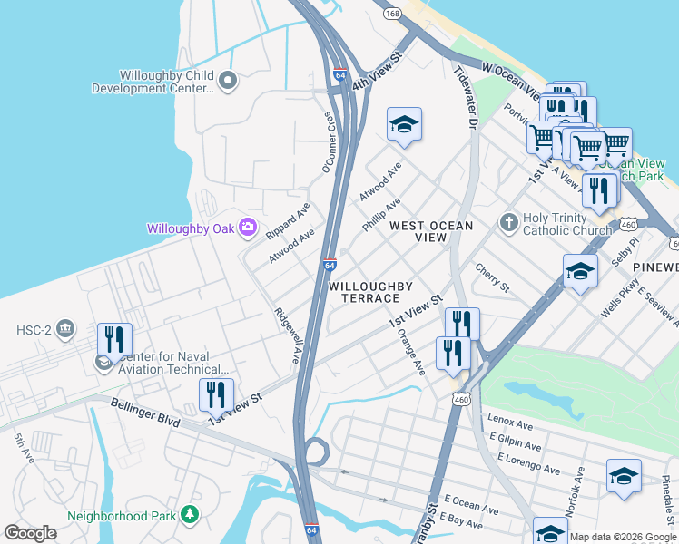 map of restaurants, bars, coffee shops, grocery stores, and more near 9286 Phillip Avenue in Norfolk