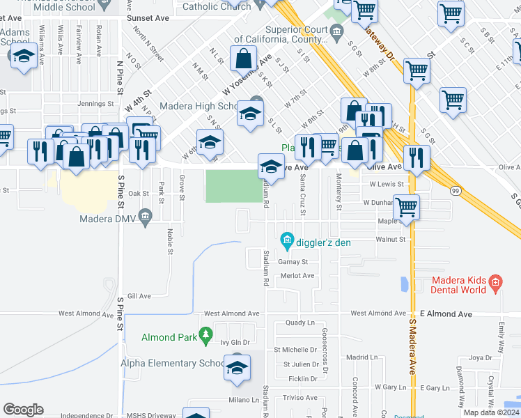 map of restaurants, bars, coffee shops, grocery stores, and more near 217 Maple Court in Madera