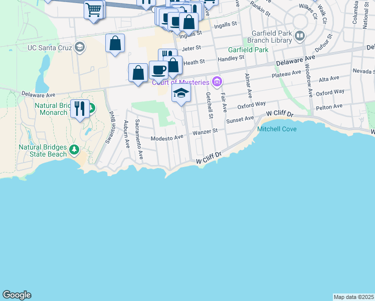 map of restaurants, bars, coffee shops, grocery stores, and more near 126 Swift Street in Santa Cruz