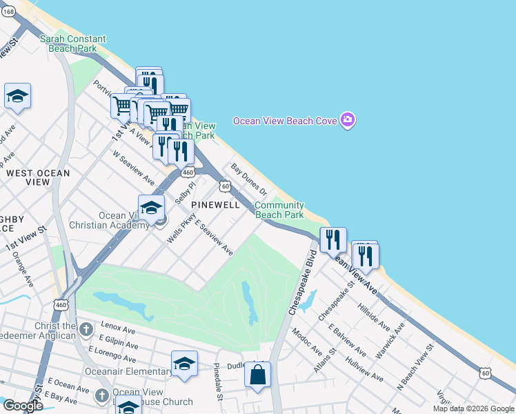 map of restaurants, bars, coffee shops, grocery stores, and more near 9715 Ship Watch Road in Norfolk