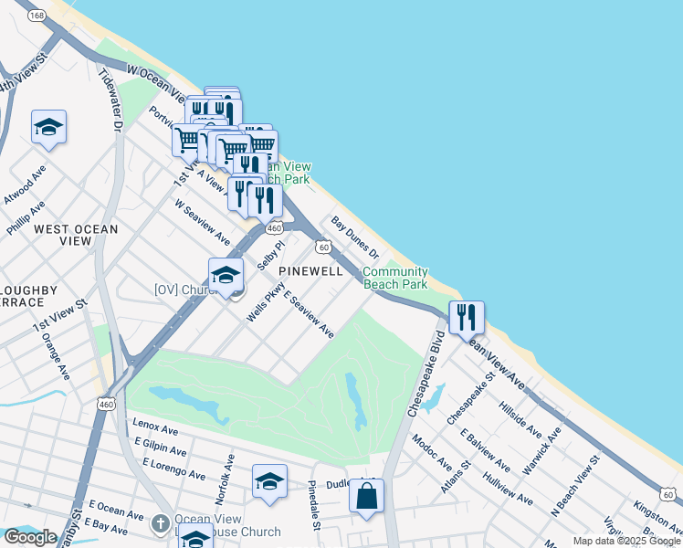 map of restaurants, bars, coffee shops, grocery stores, and more near 405 East Ocean View Avenue in Norfolk