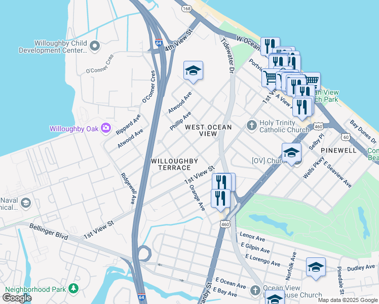 map of restaurants, bars, coffee shops, grocery stores, and more near 9400 Hickory Street in Norfolk