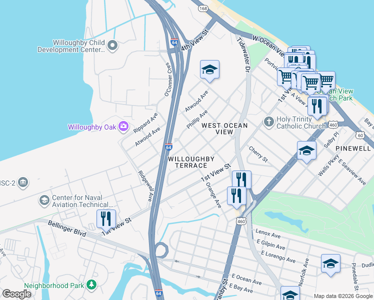 map of restaurants, bars, coffee shops, grocery stores, and more near 9314 Mason Creek Road in Norfolk