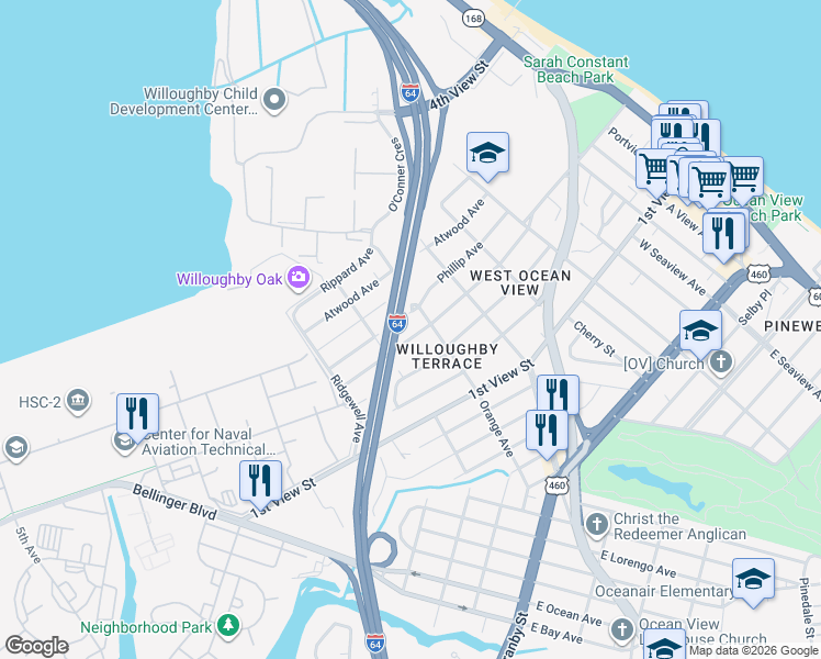 map of restaurants, bars, coffee shops, grocery stores, and more near 9286 Phillip Avenue in Norfolk