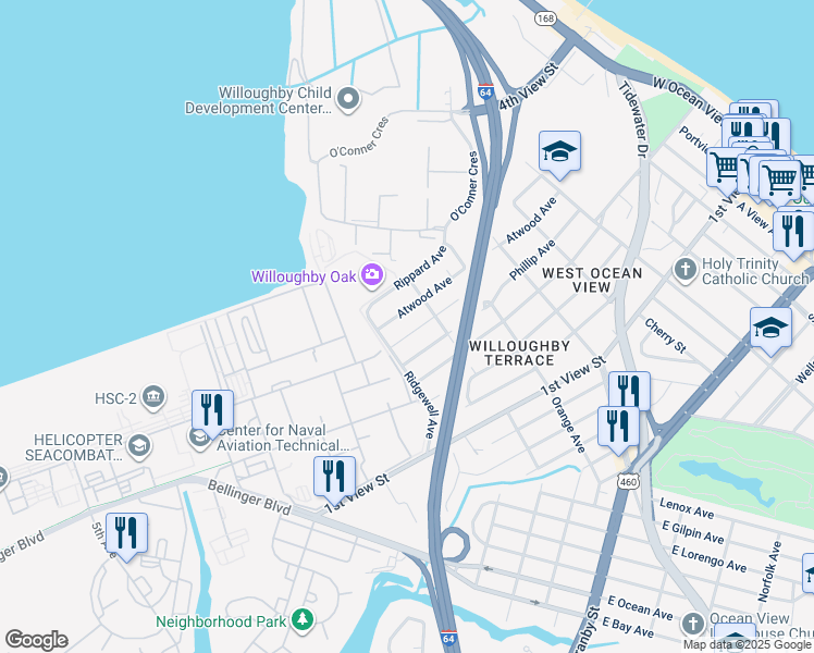 map of restaurants, bars, coffee shops, grocery stores, and more near 9232 Atwood Avenue in Norfolk