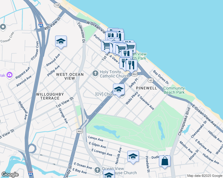 map of restaurants, bars, coffee shops, grocery stores, and more near 9509 Granby Street in Norfolk