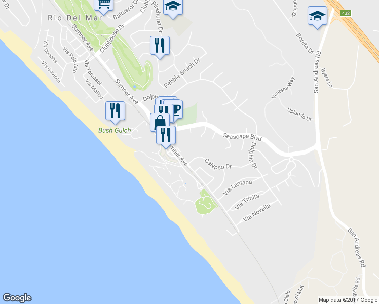 map of restaurants, bars, coffee shops, grocery stores, and more near 1870 Sumner Avenue in Aptos