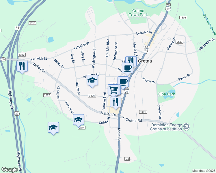map of restaurants, bars, coffee shops, grocery stores, and more near 301 Franklin Boulevard in Gretna