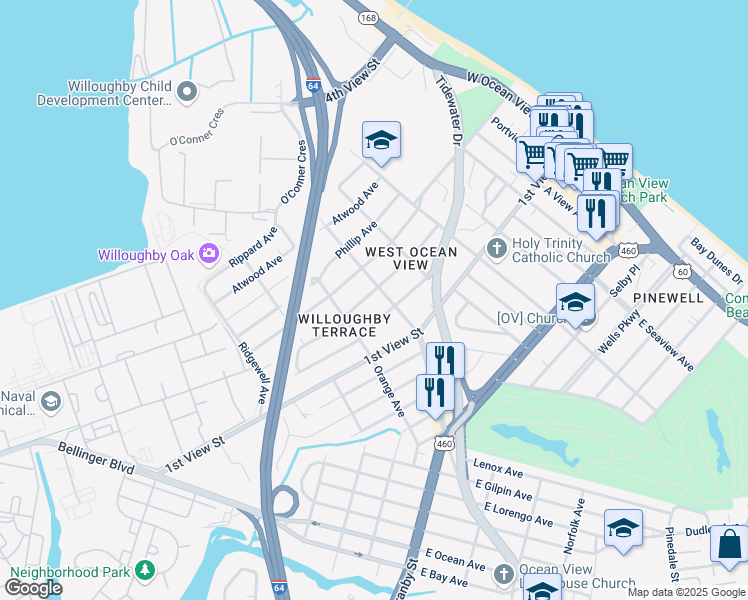 map of restaurants, bars, coffee shops, grocery stores, and more near 9400 Hickory Street in Norfolk
