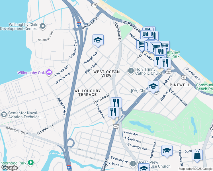 map of restaurants, bars, coffee shops, grocery stores, and more near 9414 Peachtree Street in Norfolk