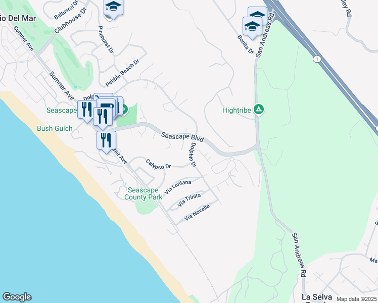 map of restaurants, bars, coffee shops, grocery stores, and more near 2060 Dolphin Drive in Aptos