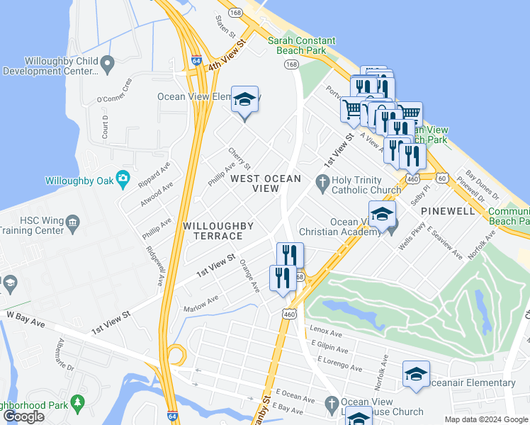 map of restaurants, bars, coffee shops, grocery stores, and more near 9414 Peachtree Street in Norfolk