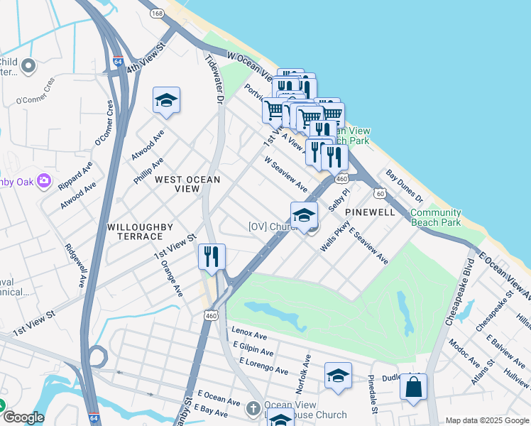 map of restaurants, bars, coffee shops, grocery stores, and more near 129 West Government Avenue in Norfolk