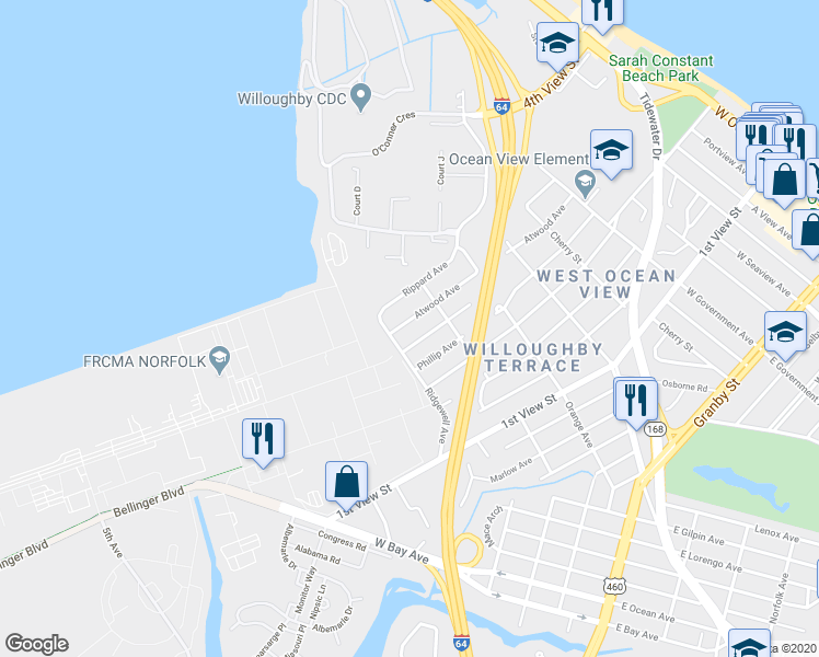 map of restaurants, bars, coffee shops, grocery stores, and more near 9216 Atwood Avenue in Norfolk