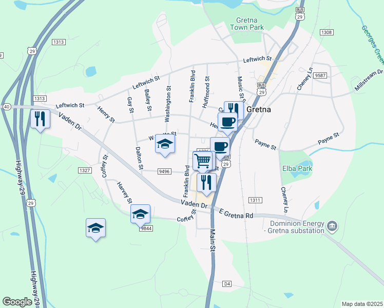 map of restaurants, bars, coffee shops, grocery stores, and more near 301 Franklin Boulevard in Gretna
