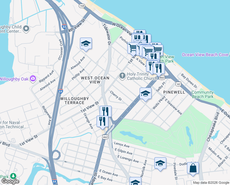 map of restaurants, bars, coffee shops, grocery stores, and more near 152 Dupre Avenue in Norfolk