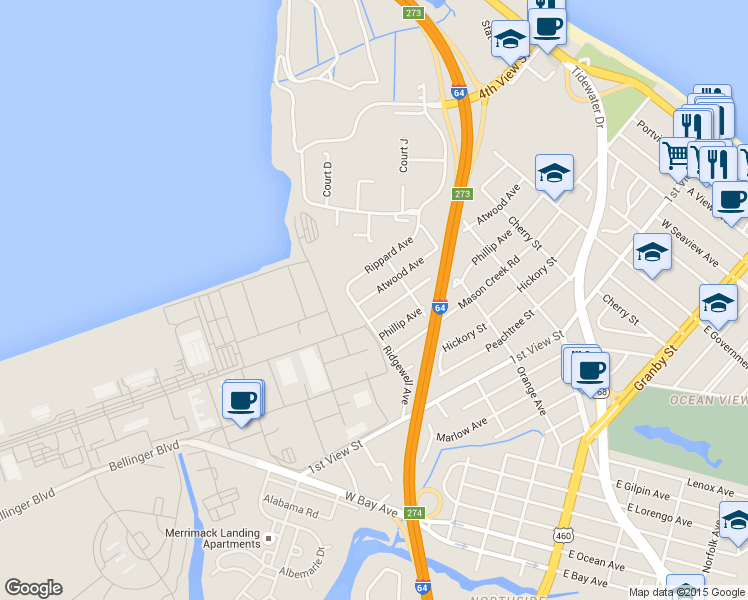 map of restaurants, bars, coffee shops, grocery stores, and more near 9232 Atwood Avenue in Norfolk