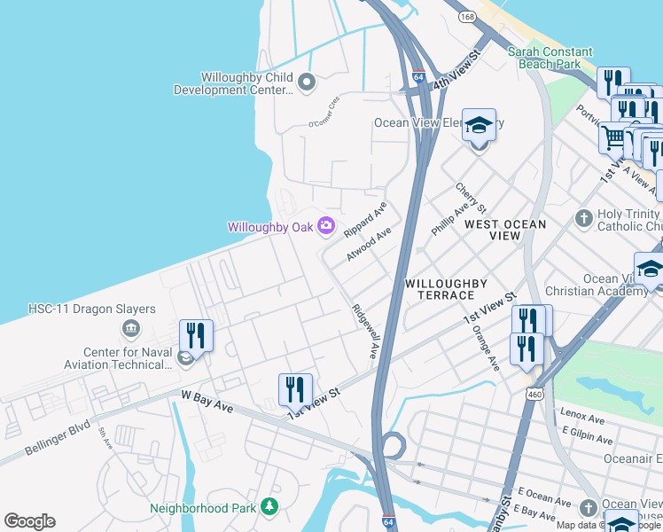 map of restaurants, bars, coffee shops, grocery stores, and more near 370 Ridgewell Avenue in Norfolk