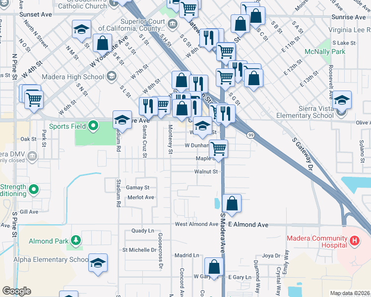 map of restaurants, bars, coffee shops, grocery stores, and more near 300 West Dunham Street in Madera