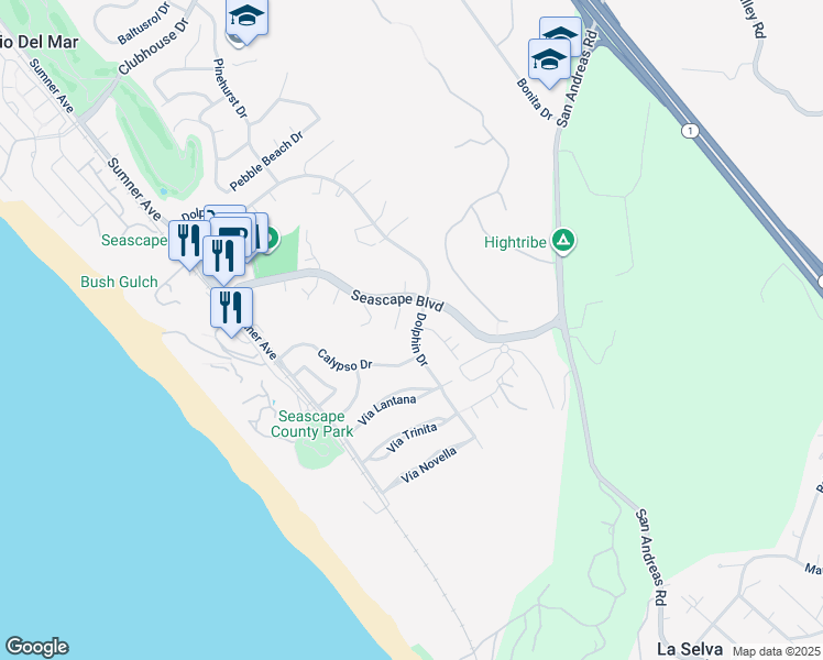 map of restaurants, bars, coffee shops, grocery stores, and more near 2058 Dolphin Drive in Aptos