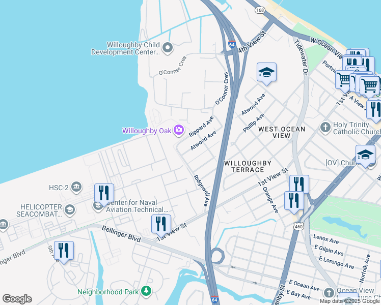 map of restaurants, bars, coffee shops, grocery stores, and more near 9216 Atwood Avenue in Norfolk