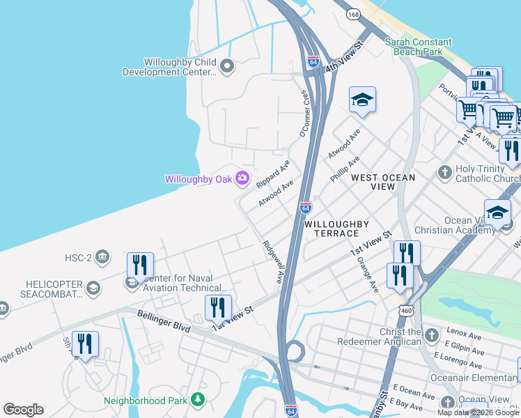 map of restaurants, bars, coffee shops, grocery stores, and more near 9232 Atwood Avenue in Norfolk