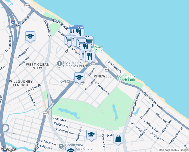 map of restaurants, bars, coffee shops, grocery stores, and more near 9611 Wells Parkway in Norfolk