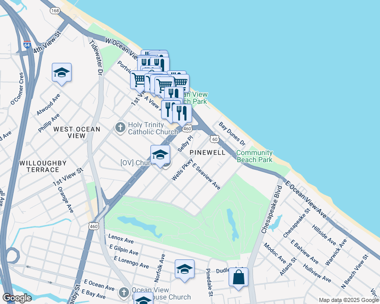 map of restaurants, bars, coffee shops, grocery stores, and more near 9611 Wells Parkway in Norfolk