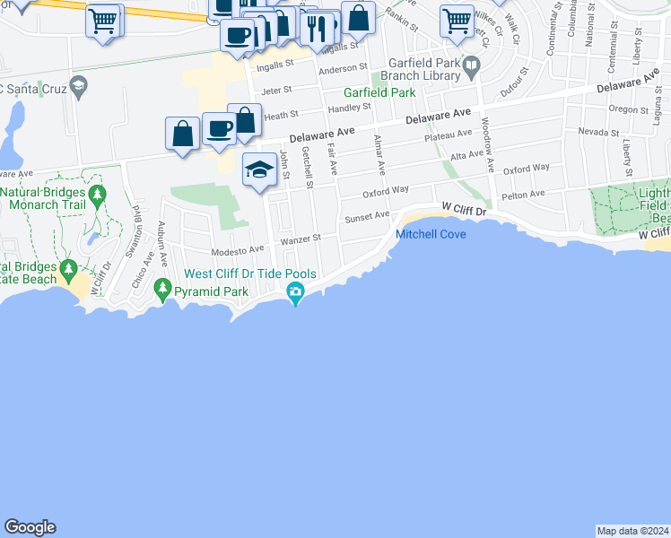 map of restaurants, bars, coffee shops, grocery stores, and more near 1310 West Cliff Drive in Santa Cruz