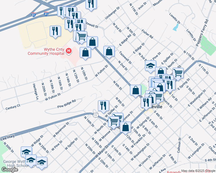 map of restaurants, bars, coffee shops, grocery stores, and more near 490 West Reservoir Street in Wytheville