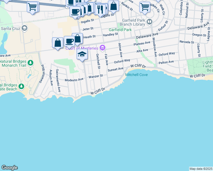 map of restaurants, bars, coffee shops, grocery stores, and more near 1310 West Cliff Drive in Santa Cruz