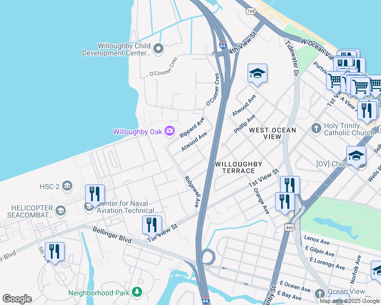 map of restaurants, bars, coffee shops, grocery stores, and more near 9232 Atwood Avenue in Norfolk