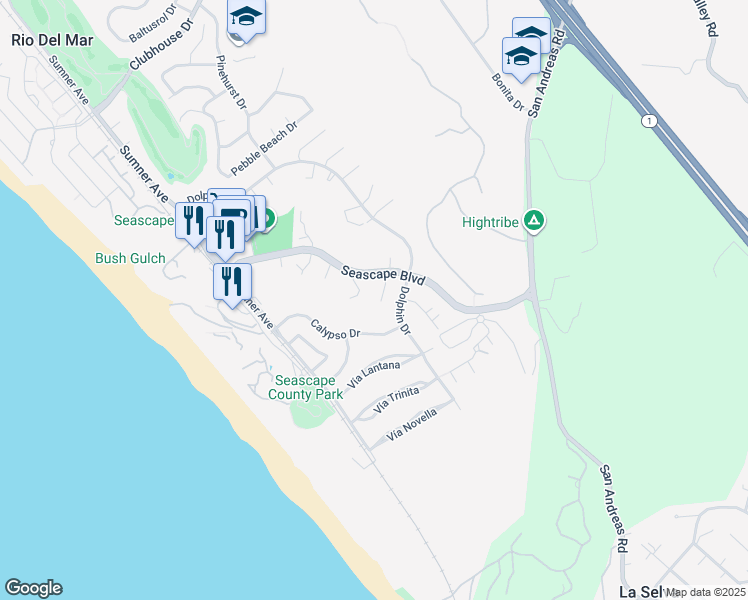 map of restaurants, bars, coffee shops, grocery stores, and more near 150 Bar Harbor Court in Aptos