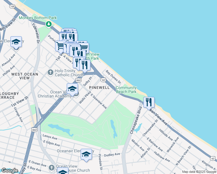 map of restaurants, bars, coffee shops, grocery stores, and more near 405 East Ocean View Avenue in Norfolk