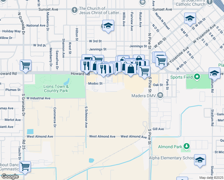 map of restaurants, bars, coffee shops, grocery stores, and more near 38 Plumas Street in Madera