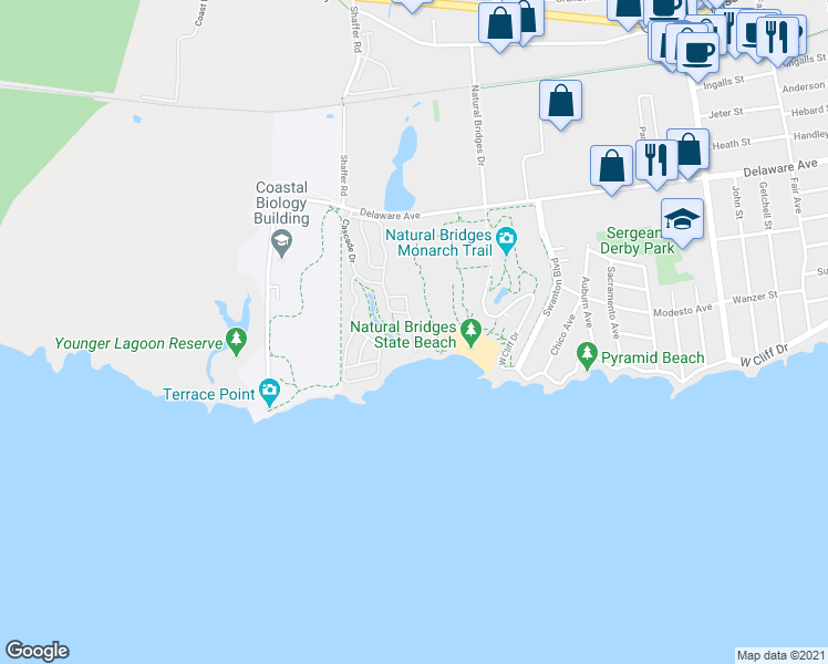 map of restaurants, bars, coffee shops, grocery stores, and more near 2395 Delaware Avenue in Santa Cruz