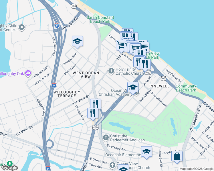 map of restaurants, bars, coffee shops, grocery stores, and more near 152 Dupre Avenue in Norfolk